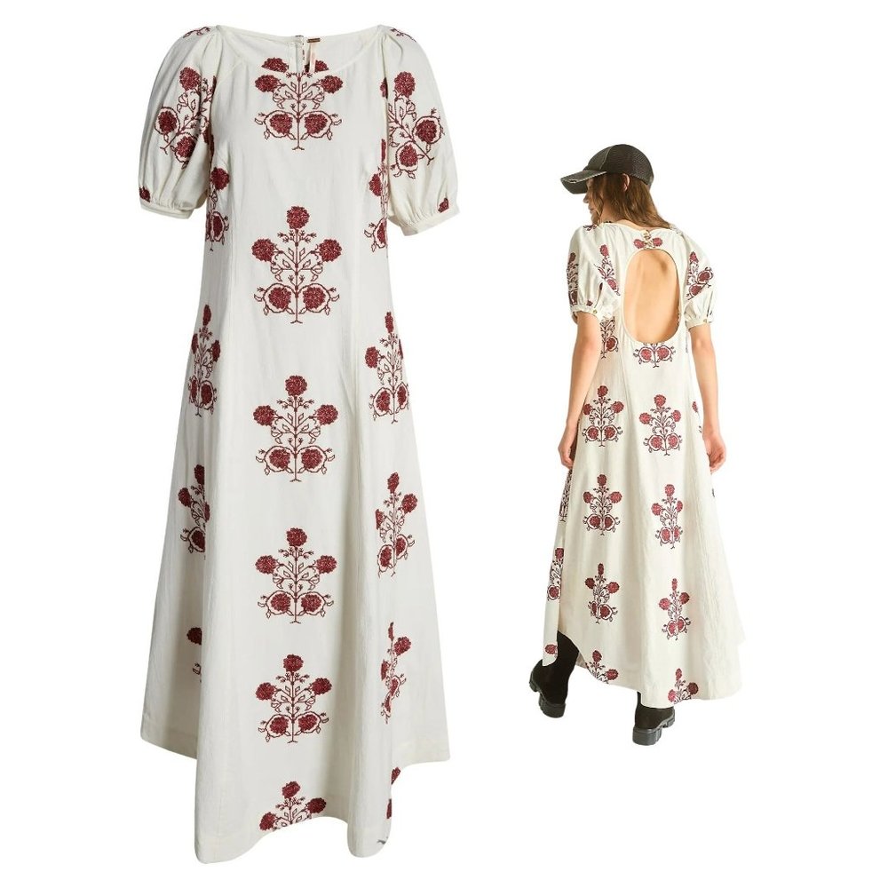 Free People White Maxi Dress with Red Floral Embroidery